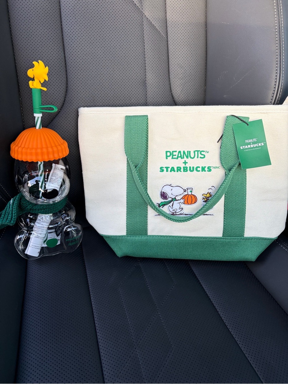 Starbucks Peanuts Canvas Tote in Cream and Green with Snoopy Pumpkin